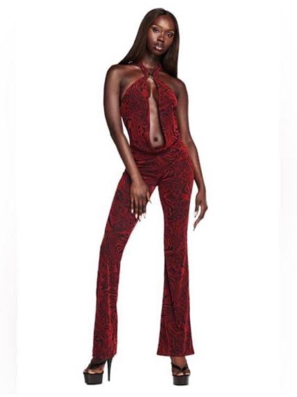 I.AM.GIA Redvalentina velvet Patterned Halter Keyhole Jumpsuit M